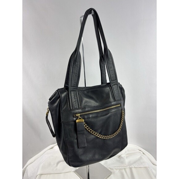 B Makowsky Shoulder Bag Tote Black Leather Brass Chain Hardware Pockets - Picture 4 of 16
